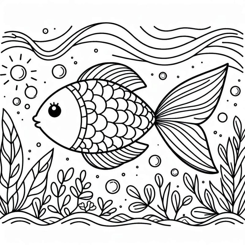 Desenho detalhado de peixe nadando em um cenário aquático, ideal para colorir.