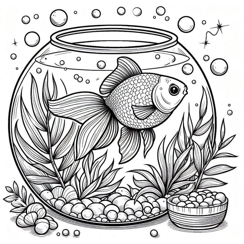 Desenho de peixe dourado em aquário para colorir