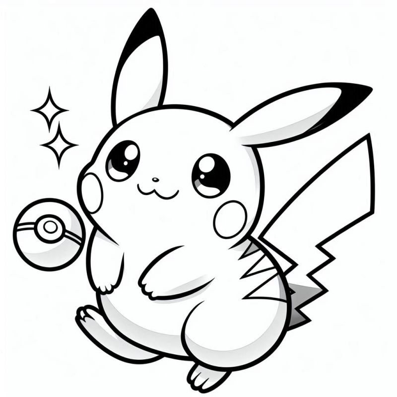 Desenho Fofo de Pikachu com Pokébola para Colorir