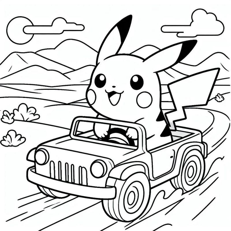 Desenho de Pikachu Dirigindo um Jipe para Colorir