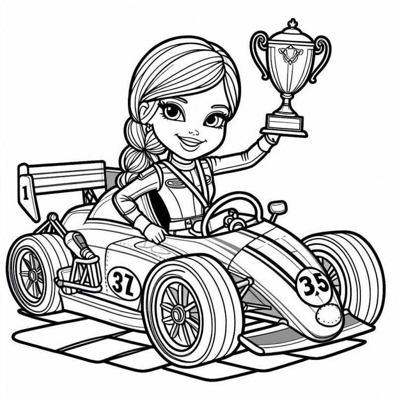 Personagem Infantil Pilotando Carro de Corrida com Troféu