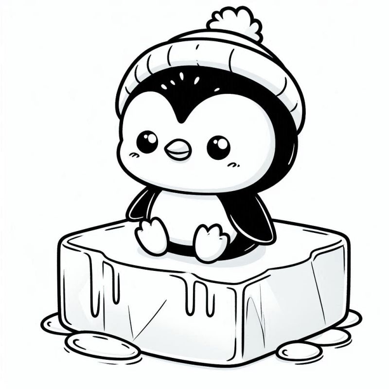 Desenho de pinguim cute com gorro de inverno sentado sobre bloco de gelo para colorir