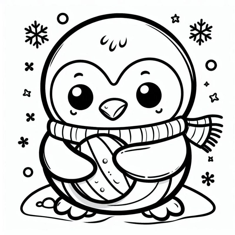 Desenho de um pinguim fofinho usando um cachecol em um cenário de neve para colorir