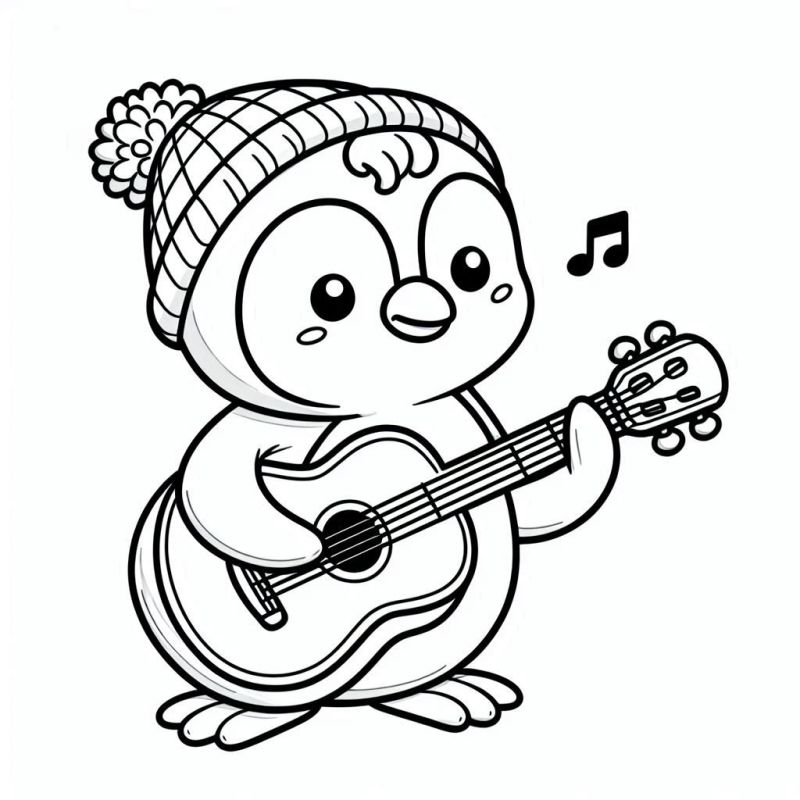 Desenho de Pinguim Tocando Violão para Colorir