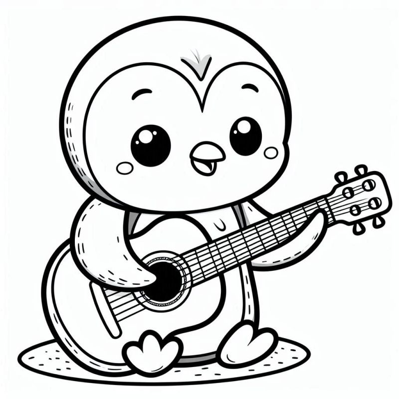 Desenho de Pinguim com Violão para Colorir