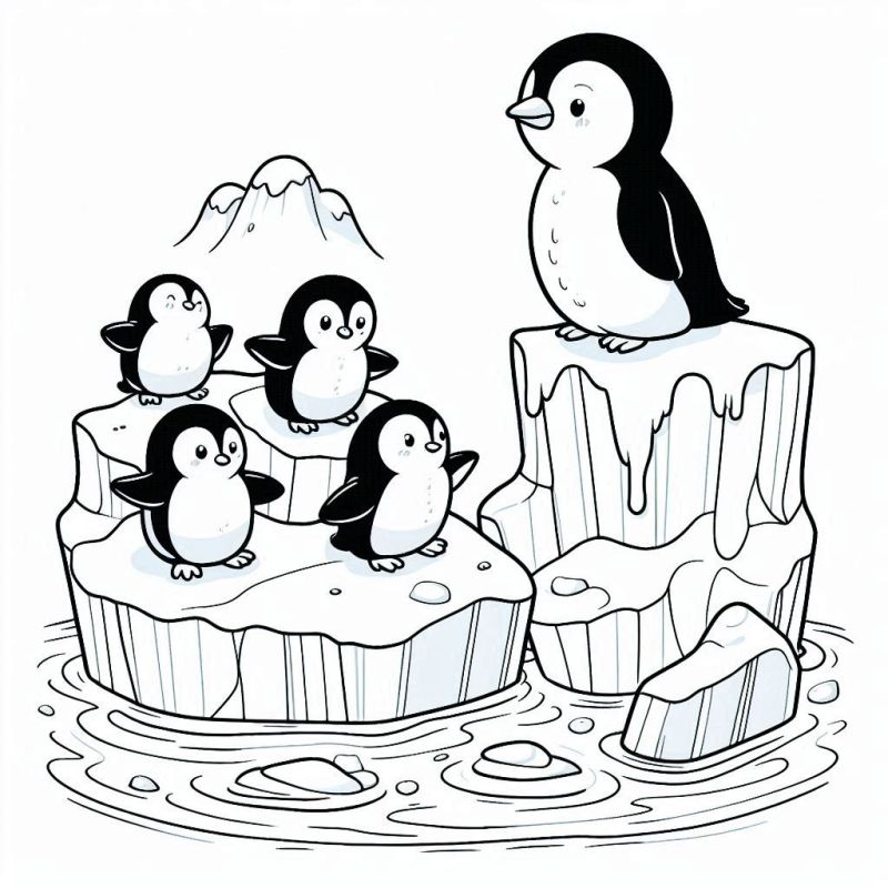 Desenho para Colorir: Pinguins Adoráveis em Paisagem de Gelo