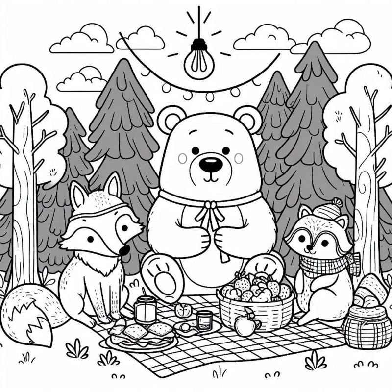 Desenho de Piquenique na Floresta com Animais Fofos para Colorir