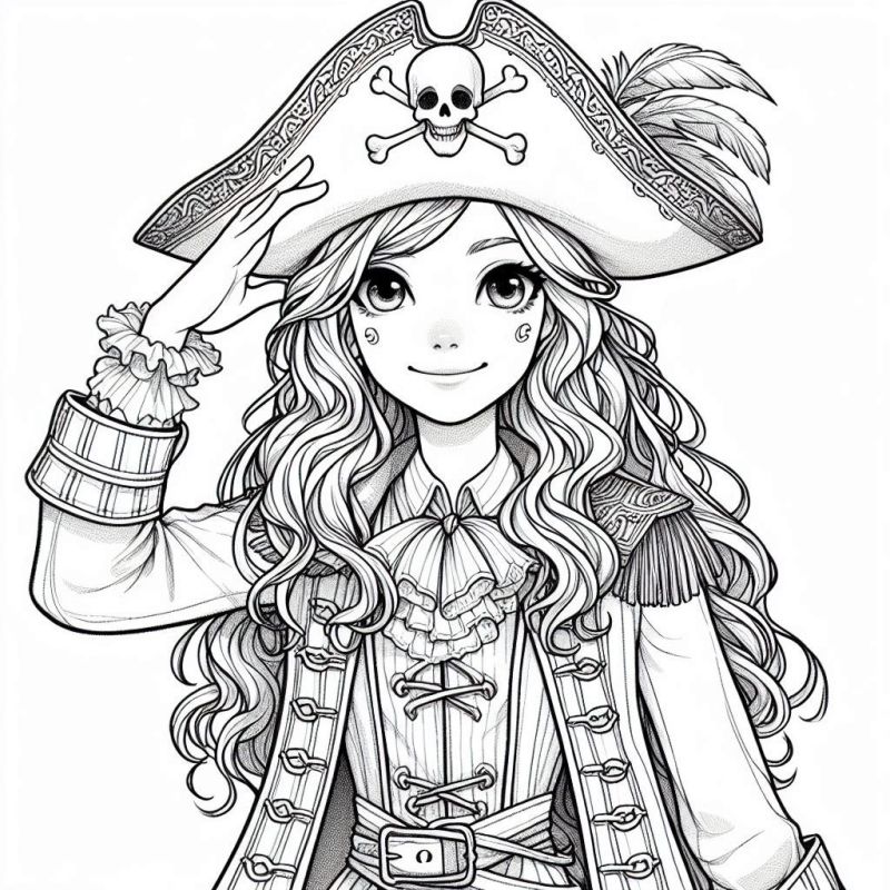 Desenho de pirata feminina para colorir com trajes detalhados e elegantes