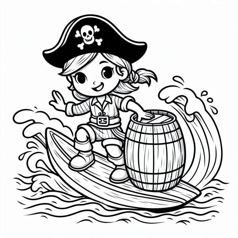 Desenho para colorir de pirata jovem em um barco sobre o mar agitado