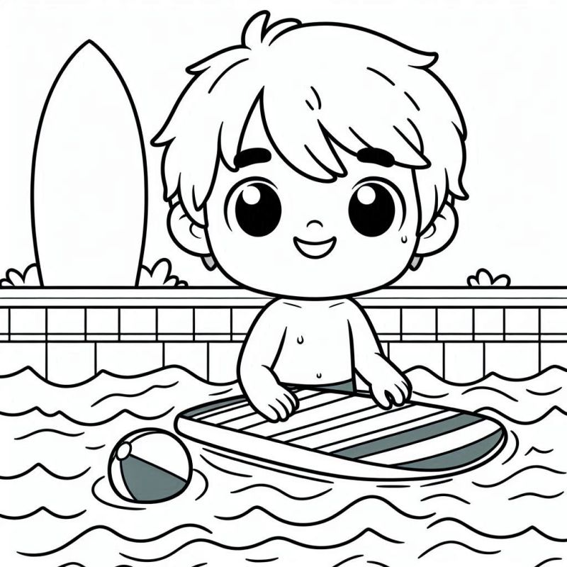 Desenho de criança na piscina com prancha de surfe e bola de praia para colorir