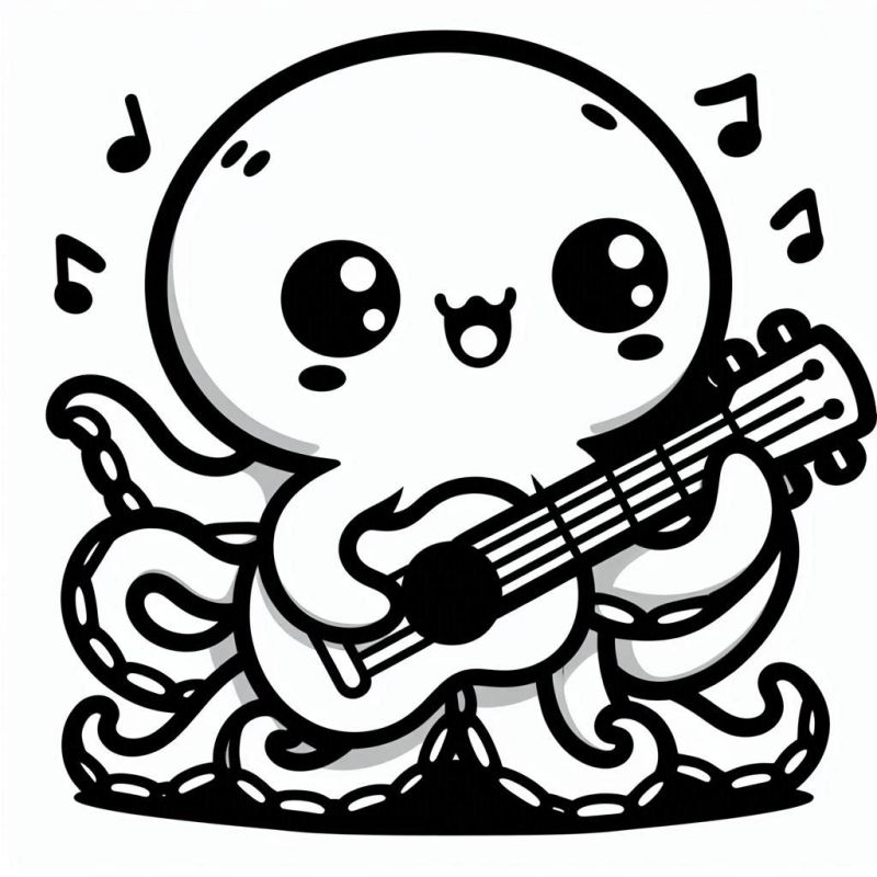 Desenho Kawaii de Polvo Feliz Tocando Violão para Colorir