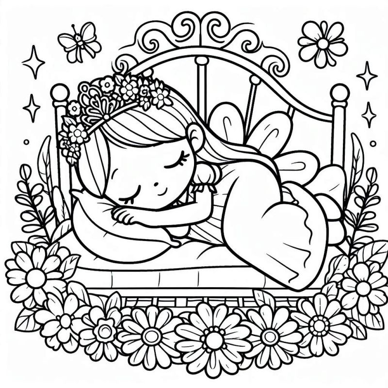 Desenho de Jovem Princesa Adormecida Encantada para Colorir