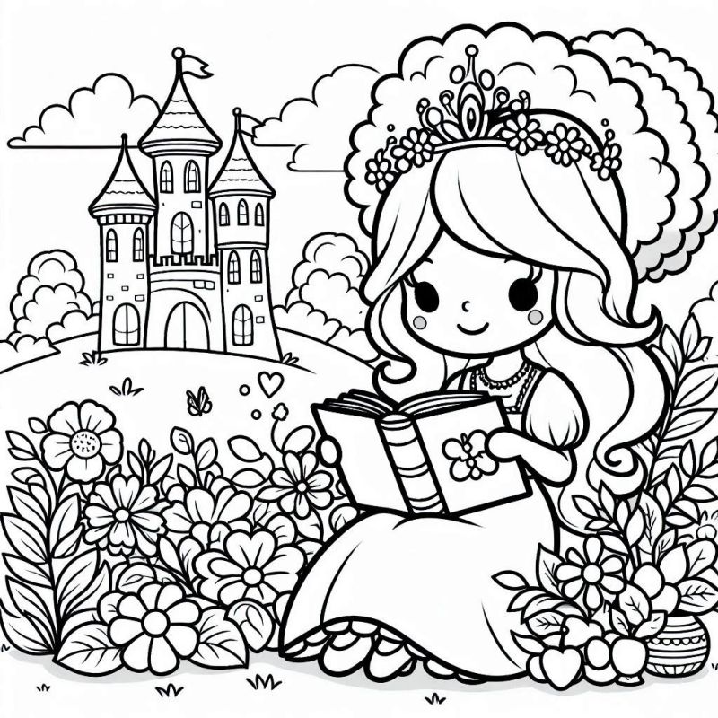 Desenho de Princesa no Castelo Encantador para Colorir