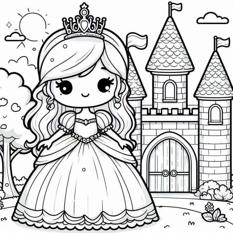 Desenho de Princesa com Castelo e Árvore para Colorir