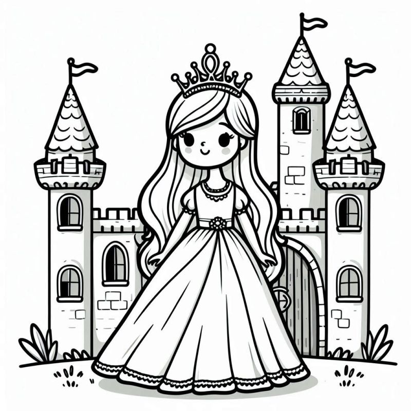 Desenho de Princesa no Castelo Encantado para Colorir