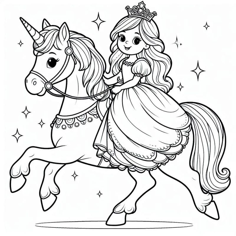 Desenho de Jovem Princesa no Unicórnio para Colorir