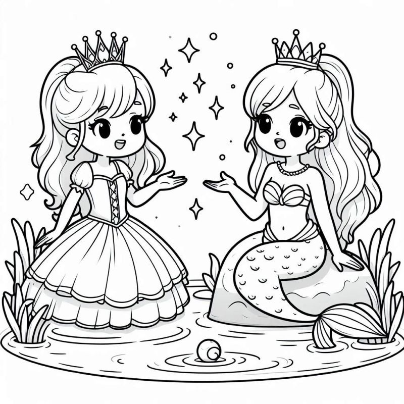 Desenho de Princesa Humana e Sereia em Cenário Mágico para Colorir