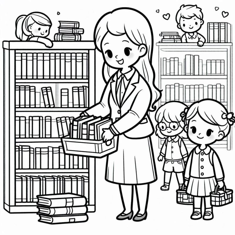 Desenho de Bibliotecário e Crianças na Biblioteca para Colorir