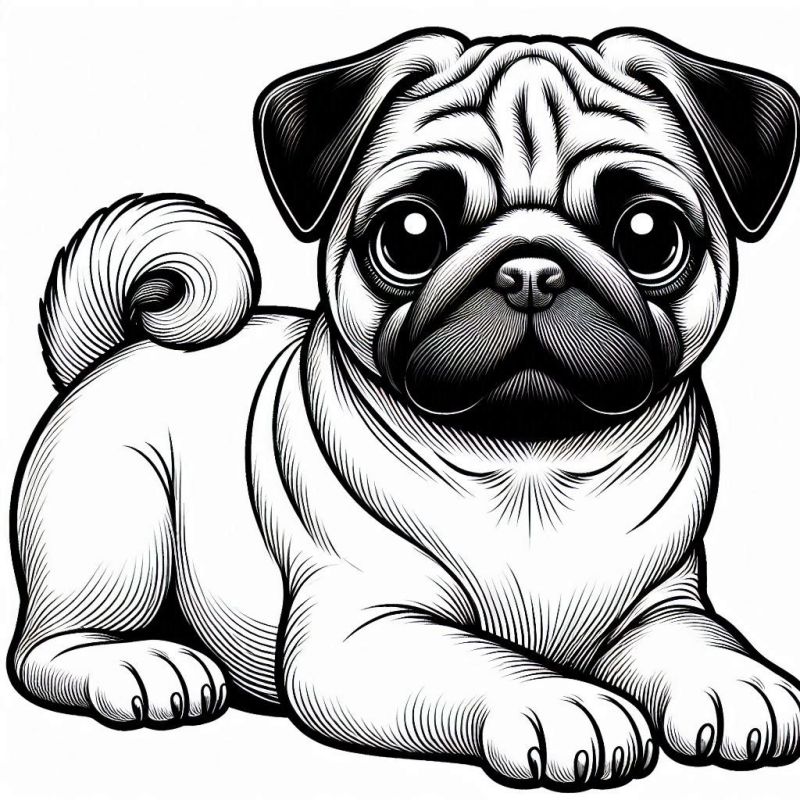 Desenho de pug relaxado para colorir, detalhado e estilizado