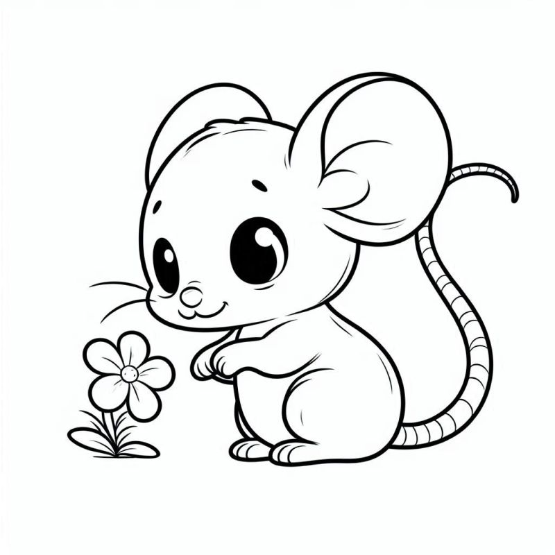 Desenho para Colorir: Ratinho Fofo com Flor