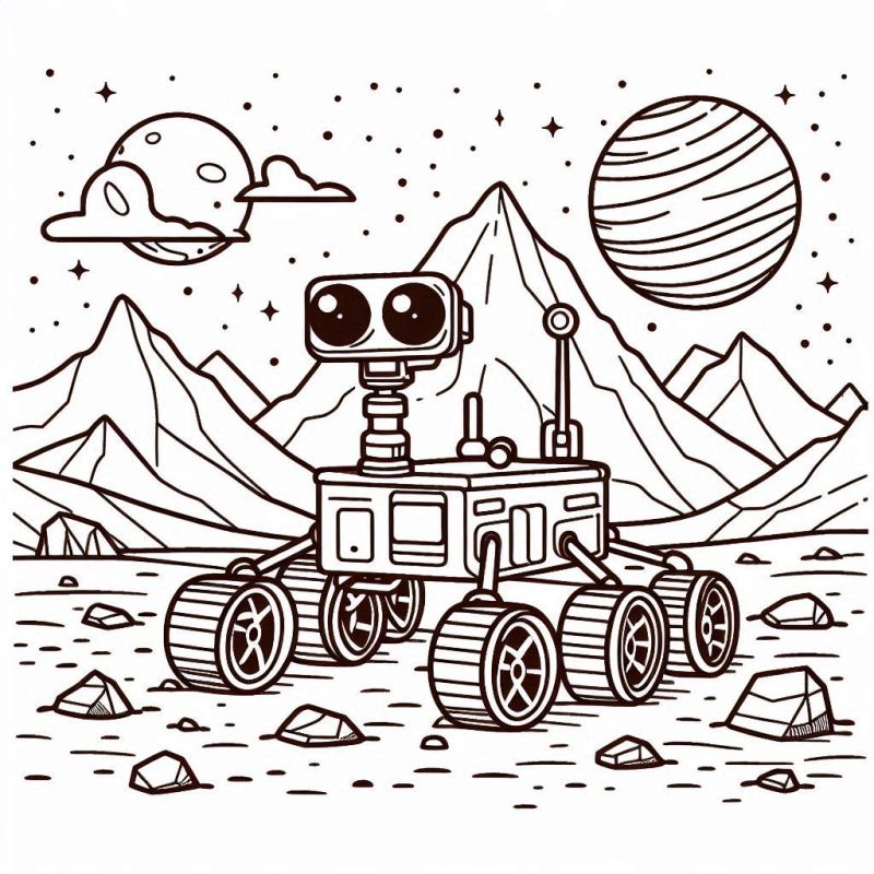 Desenho de robô explorador, planetas e estrelas para colorir