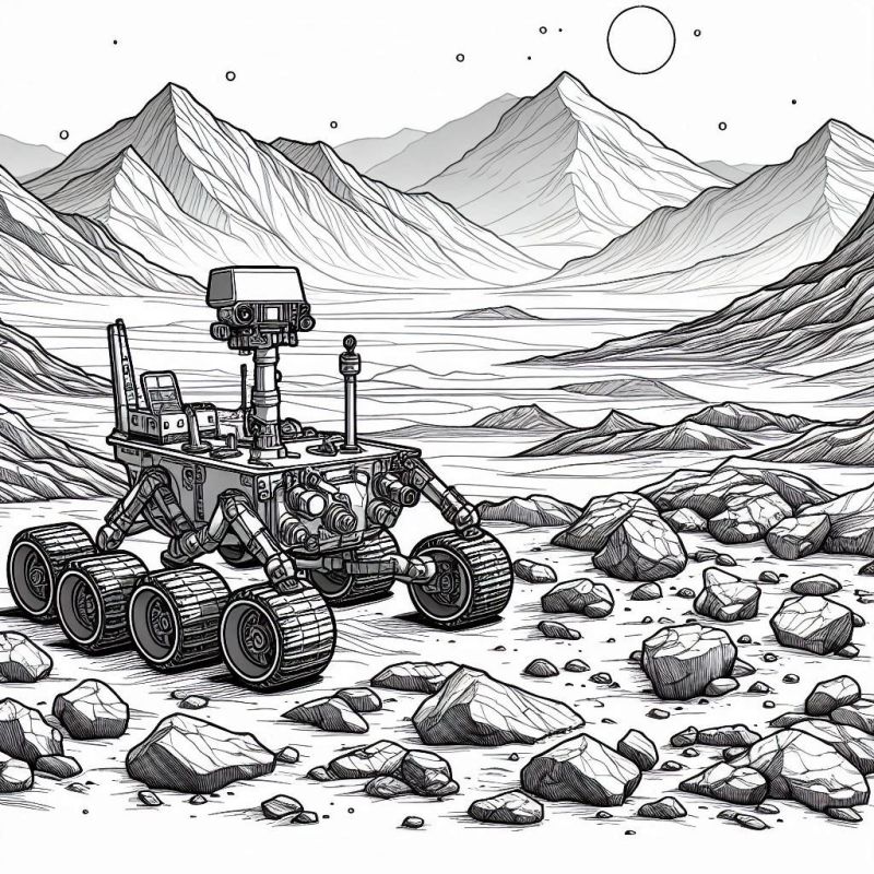 Desenho de um rover espacial em Marte, perfeito para colorir