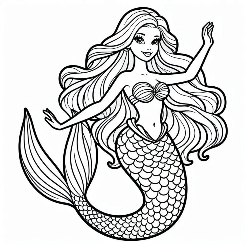 Desenho de sereia Barbie com cauda detalhada e longos cabelos para colorir