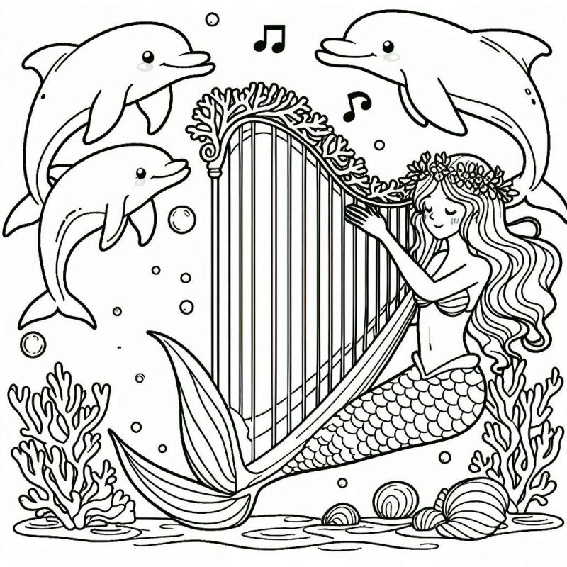 Desenho de Sereia Tocando Harpa Entre Golfinhos para Colorir