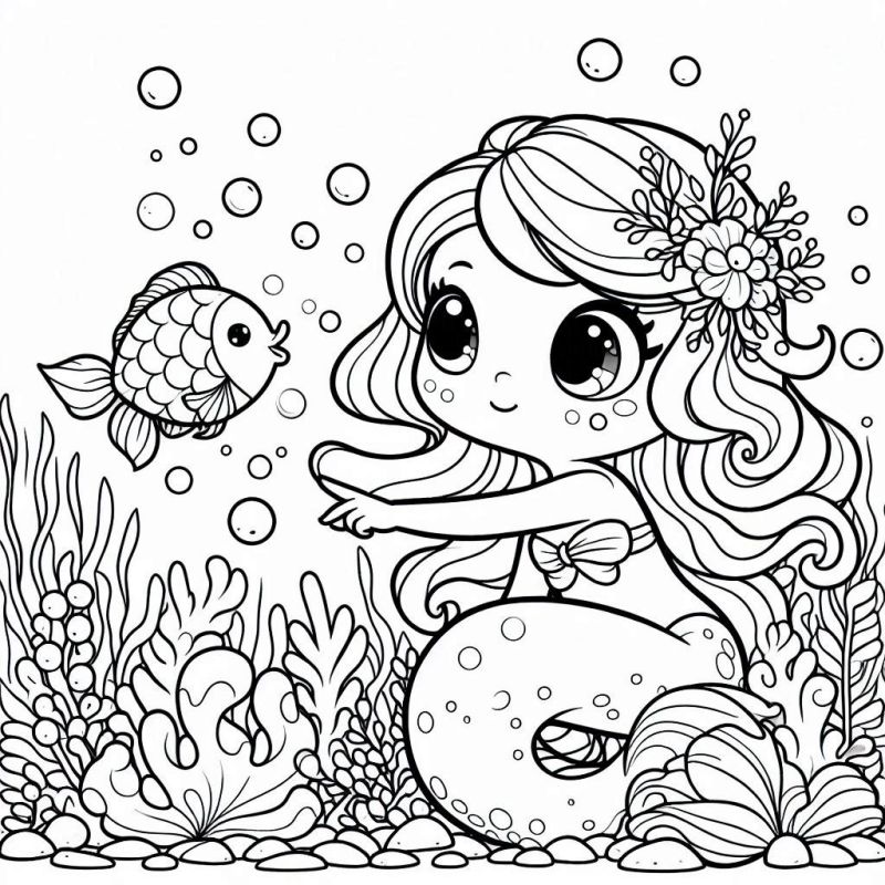 Desenho de Sereia e Peixe para Colorir