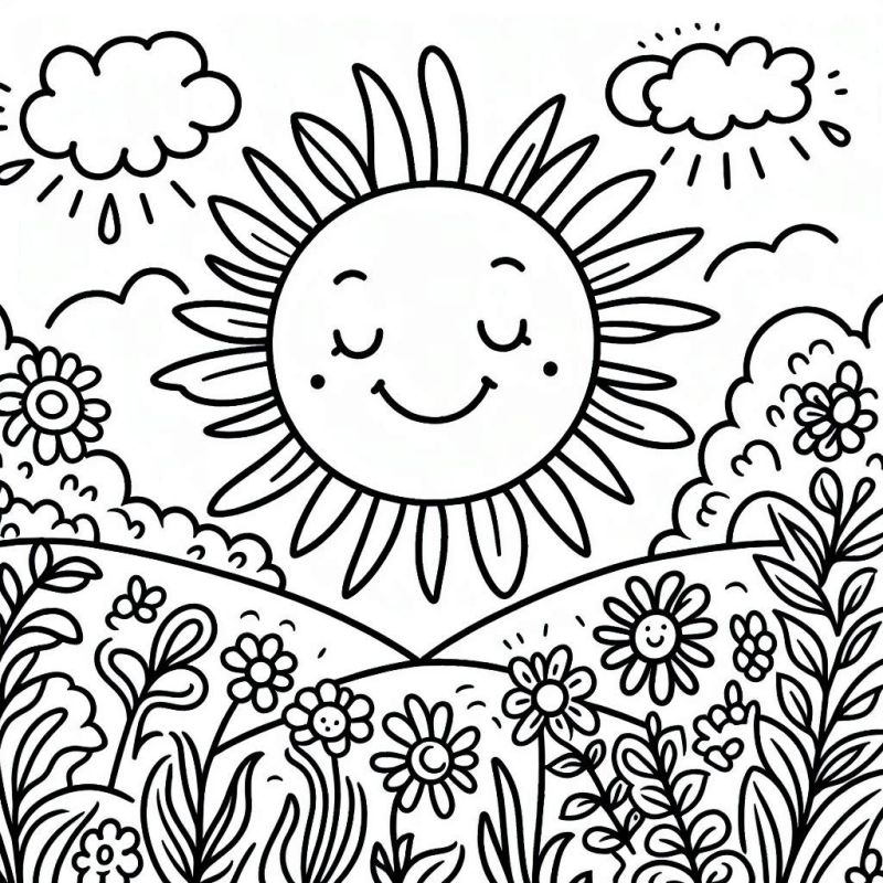 Desenho de Sol Sorridente com Flores para Colorir