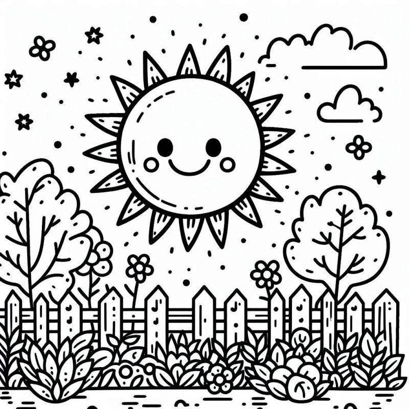 Desenho de Sol Sorridente com Cerca, Árvores e Flores para Colorir