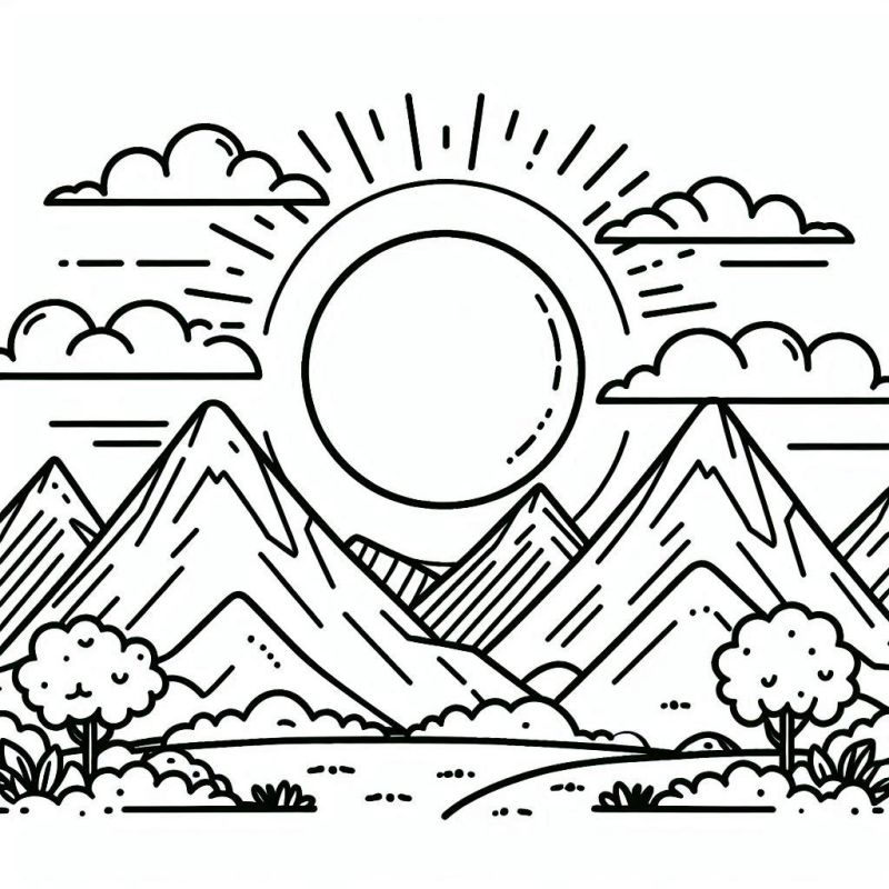 Desenho de um sol brilhante entre montanhas e nuvens para colorir