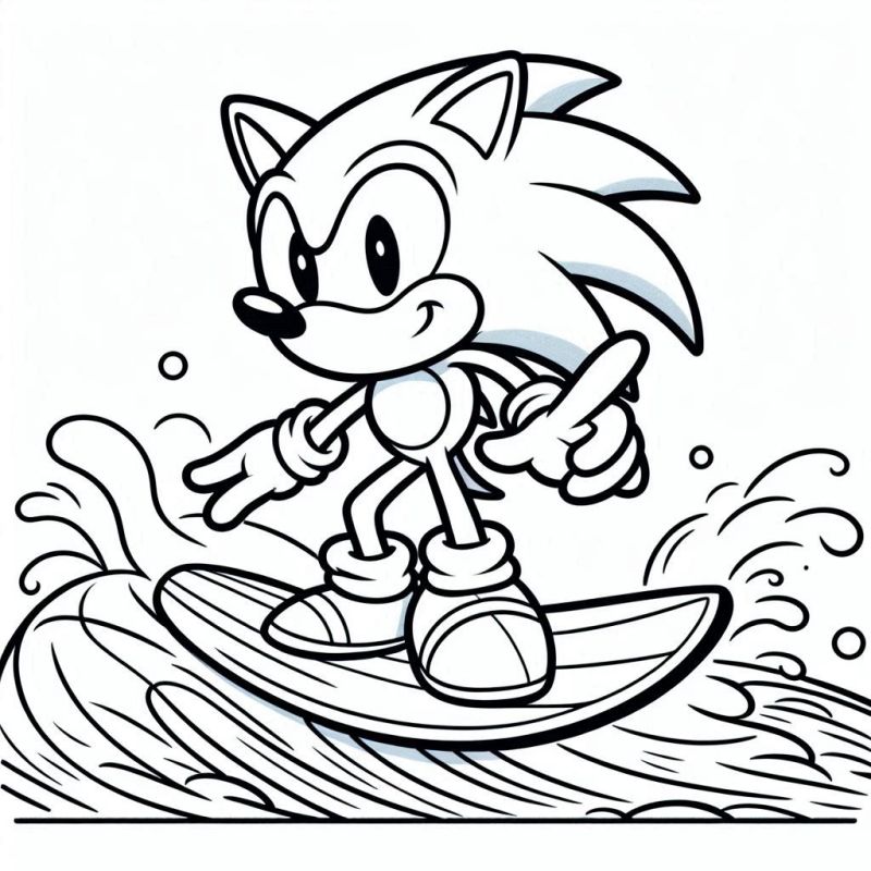 Desenho para colorir do Sonic surfando. Sonic equilibrando-se em uma prancha de surfe com um cenário de ondas animadas.