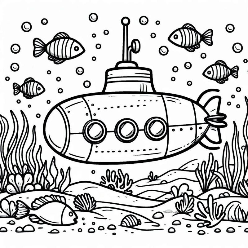 Desenho de submarino para colorir com fundo do mar e peixes