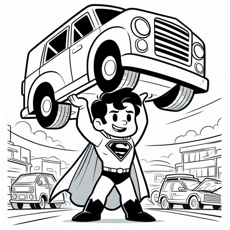 Desenho infantil do Super Homem em ação, segurando um carro grande acima da cabeça, para colorir