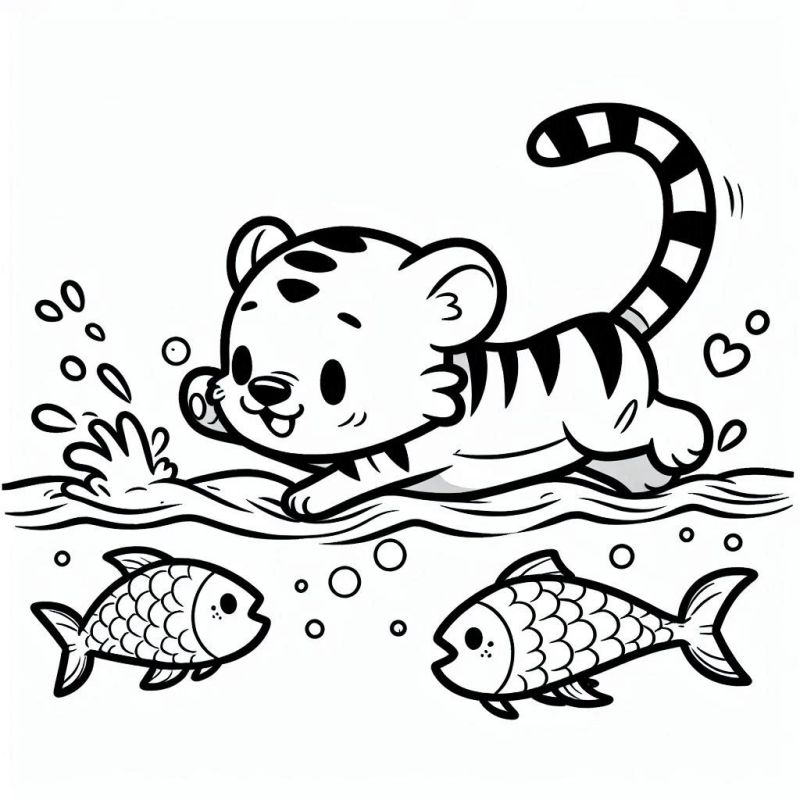 Desenho de tigre filhote brincando na água com peixes para colorir