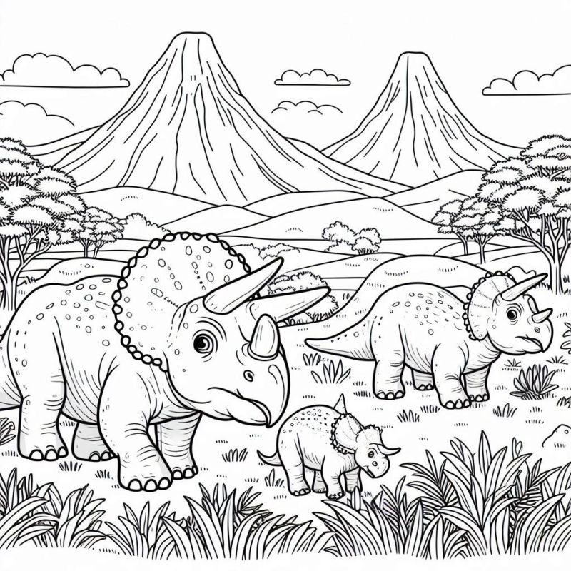 Paisagem Pré-Histórica com Triceratops para Colorir