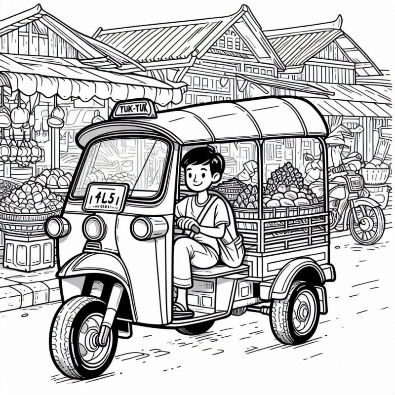 Desenho de Tuk-Tuk em Mercado para Colorir