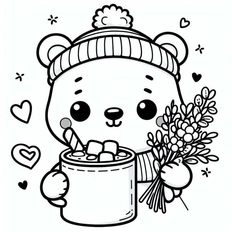 Desenho kawaii de ursinho fofo com gorro, segurando chocolate quente e flores