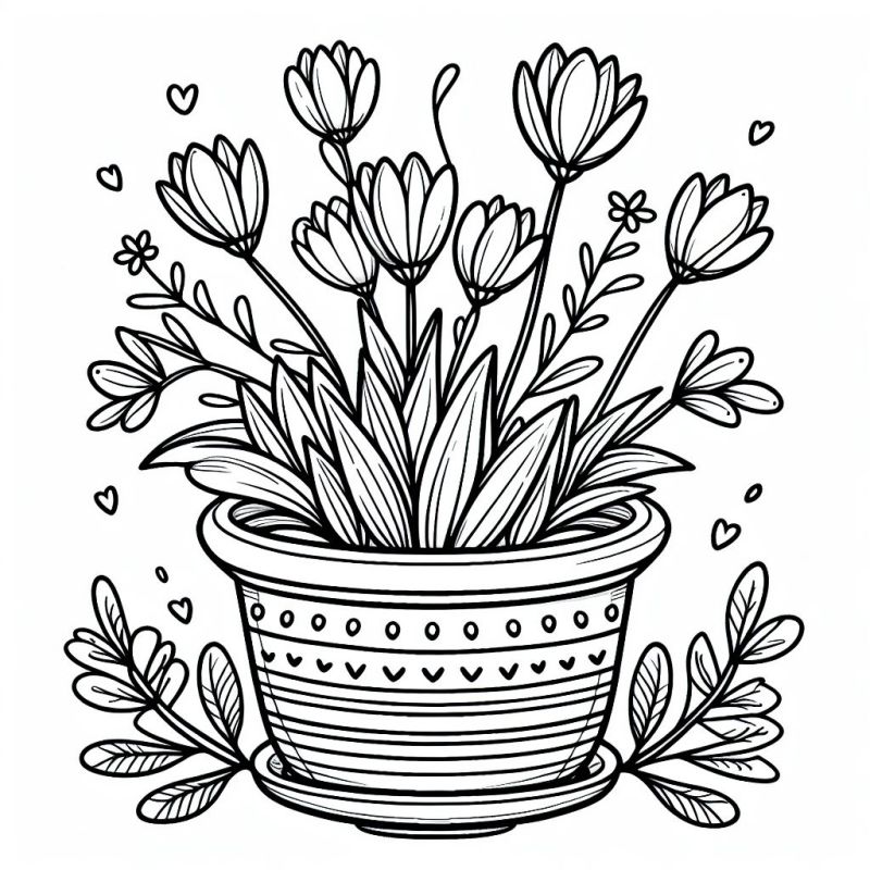 Desenho detalhado de um vaso de flores para colorir, ideal para meninas