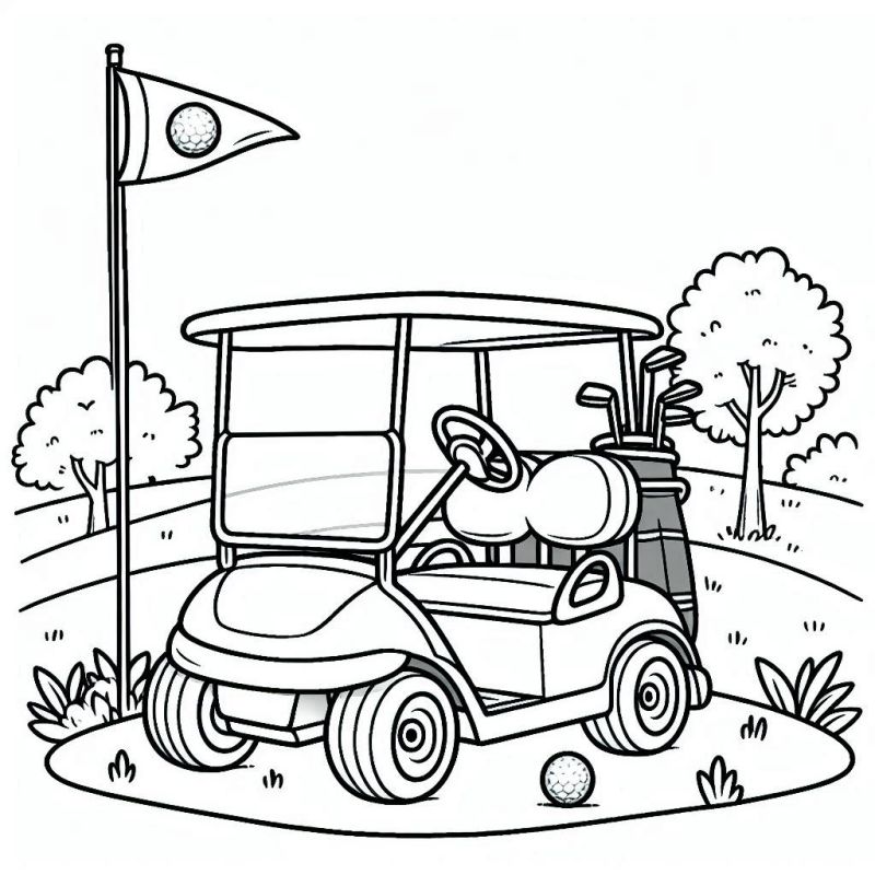 Desenho Detalhado de Carrinho de Golfe no Campo de Golfe