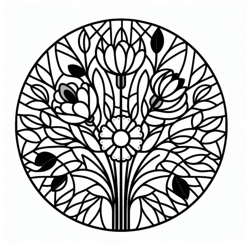 Desenho floral intricado em estilo vitral para colorir