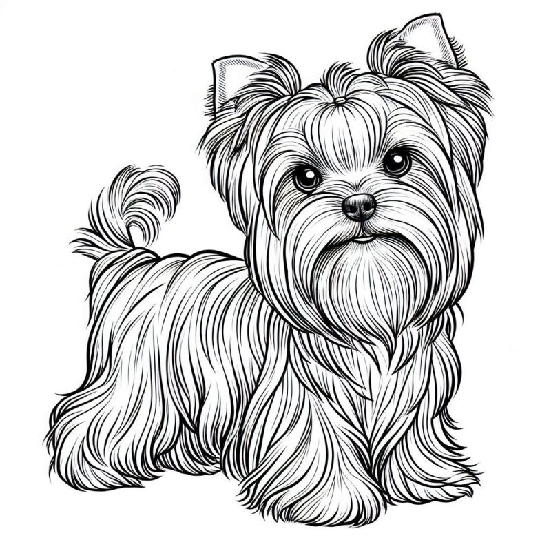 Desenho detalhado de um Yorkshire Terrier para colorir com pelagem longa e sedosa.