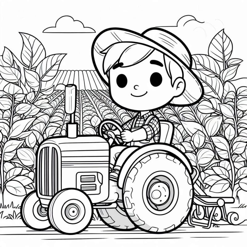 Desenho de agricultor dirigindo trator em campo para colorir