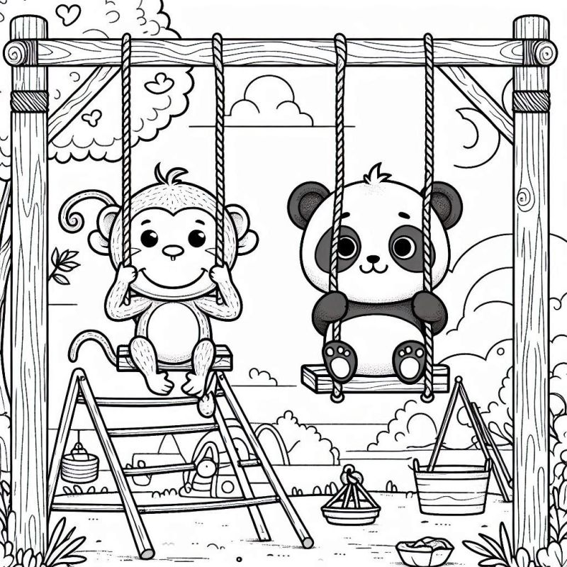 Desenho para Colorir: Macaco e Panda em Balanços Alegres