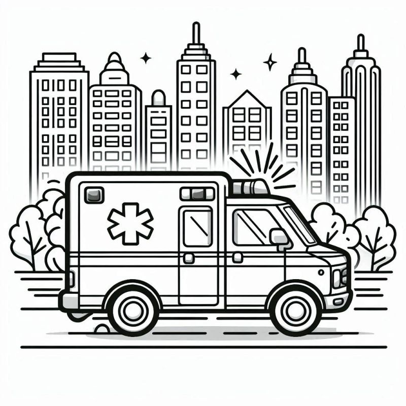 Desenho de Ambulância em Cena Urbana para Colorir