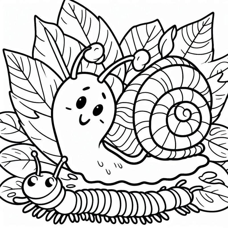 Desenho de caracol e centopeia amigáveis para colorir com folhas no fundo