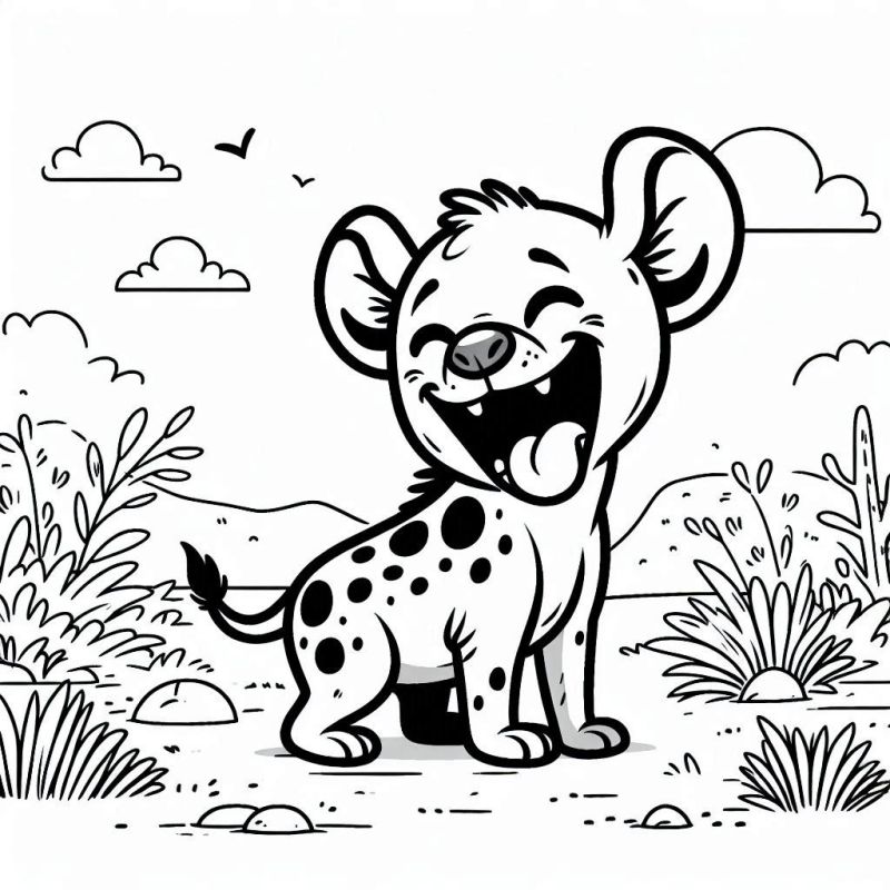 Desenho de uma hiena sorridente em uma paisagem africana para colorir