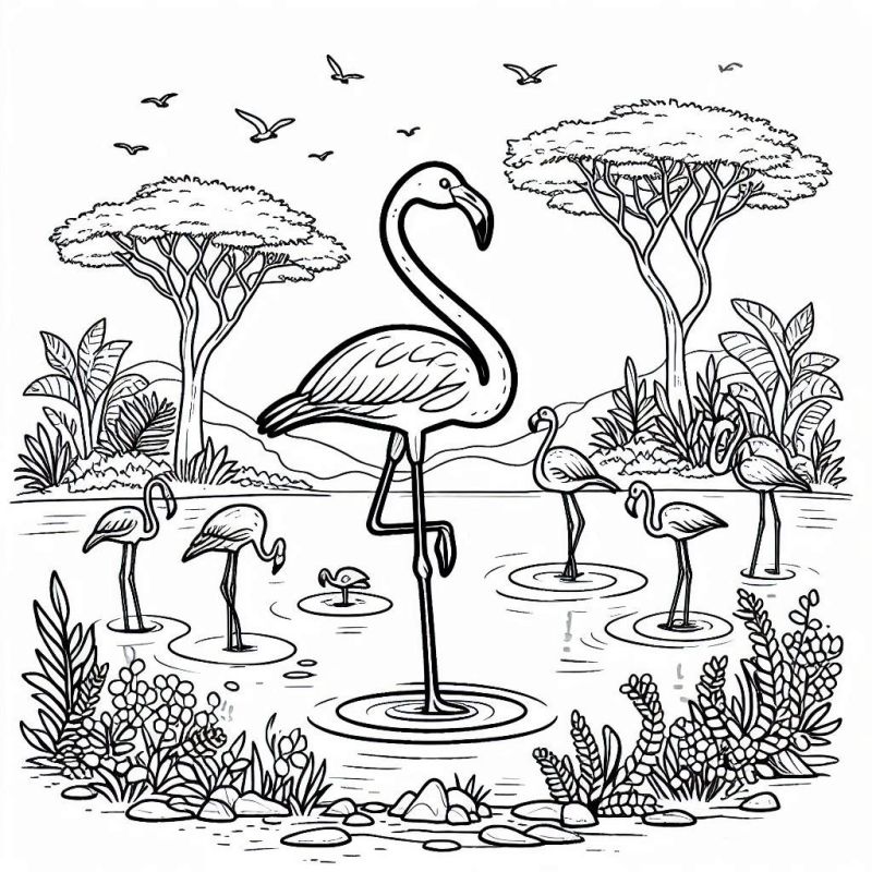 Desenho de flamingos na África perto de uma lagoa para colorir