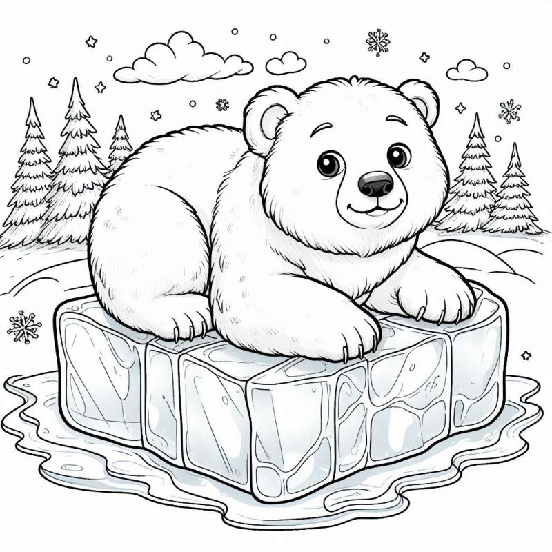 Desenho de urso polar com cenário ártico, incluindo gelo e árvores de Natal, para colorir